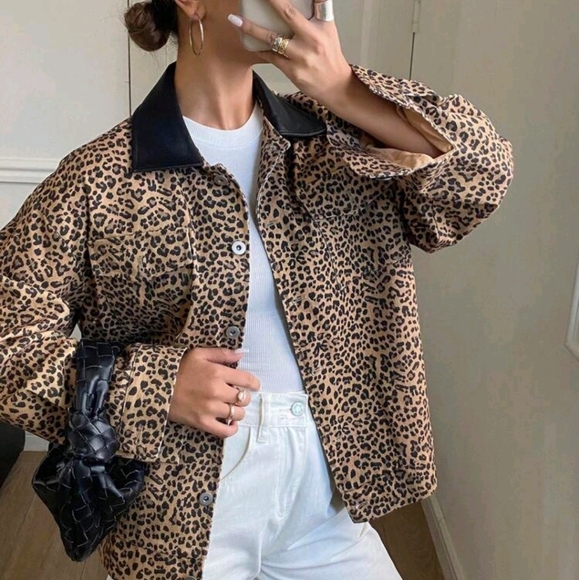 Leopard Print Patchwork Pu Collar Long Sleeve Pocket Women Jacket - Picture 5 of 8